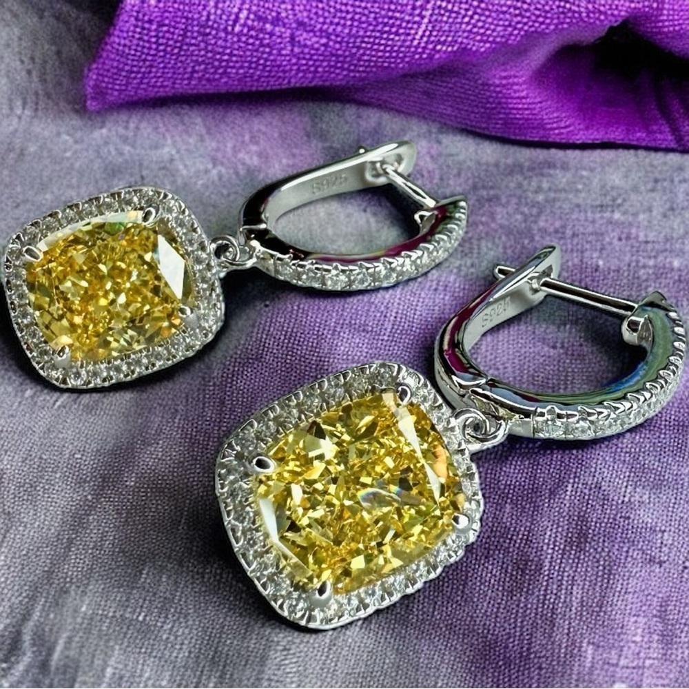NEW Fancy Canary Yellow High Carbon Diamond Simulant Dangle Drop Earrings - Picture 9 of 17